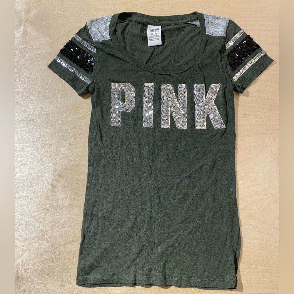 PINK Victoria's Secret Green Tee with Silver Accents